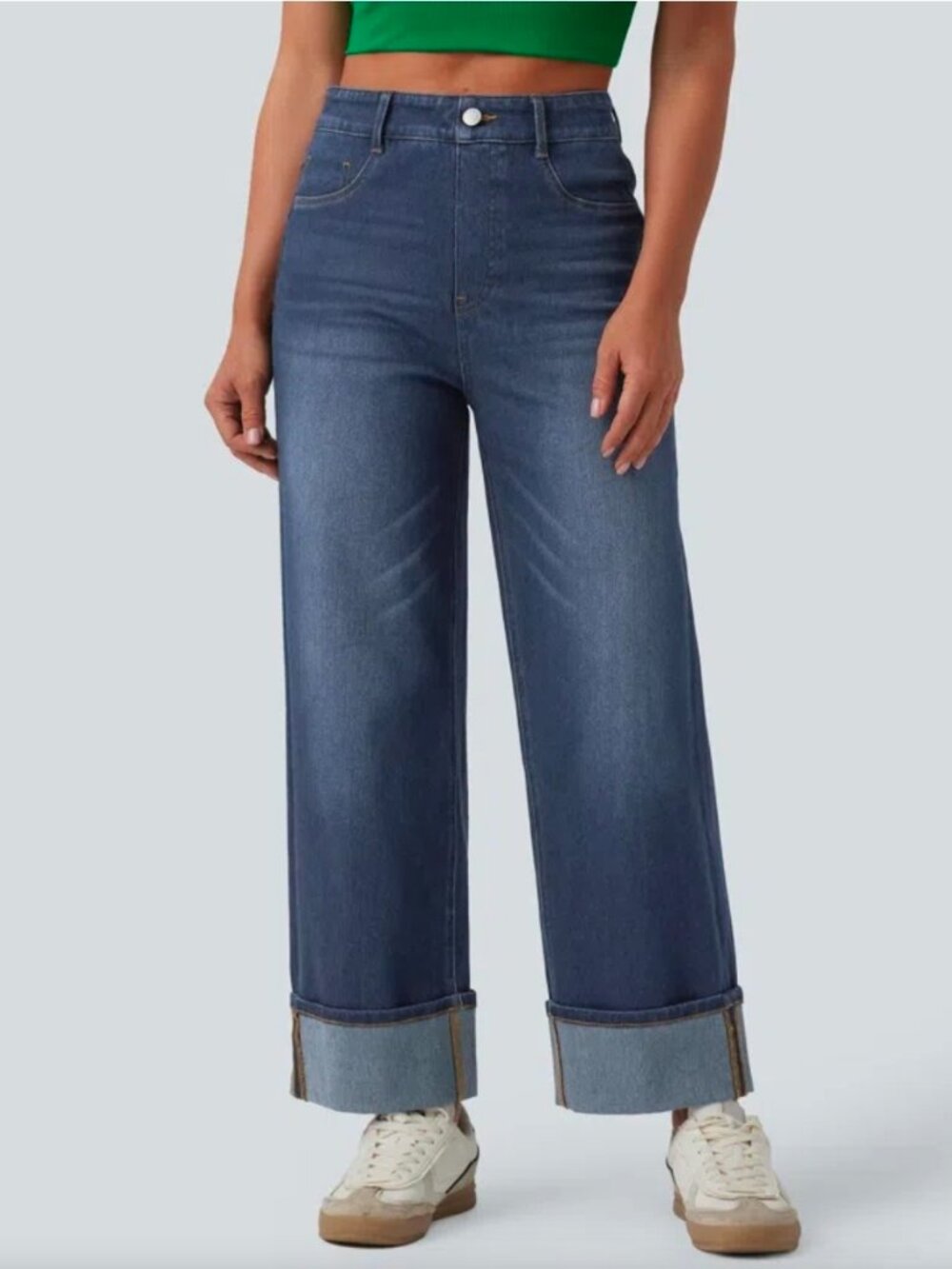 Halara Flex Hi Waisted Pockets Rolled Hem Wide Leg Washed Casual Jeans Size Med